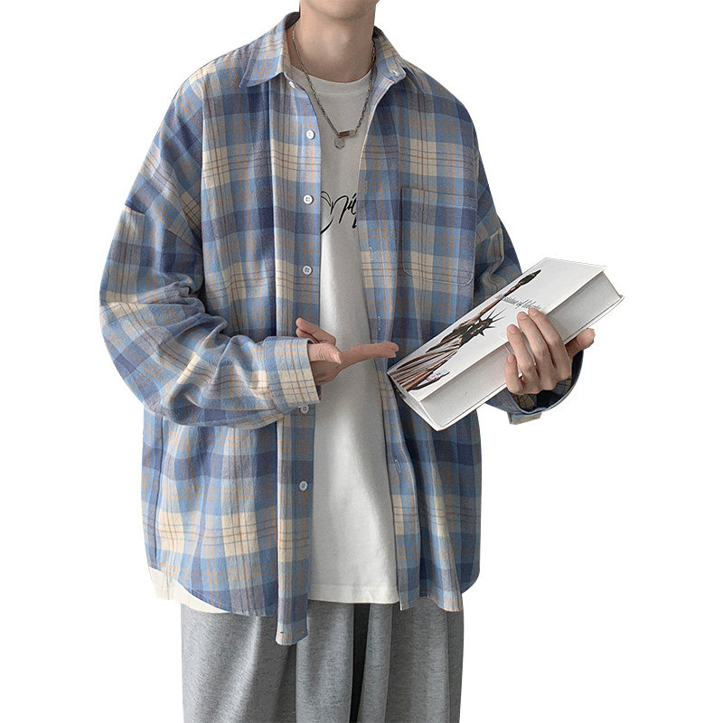 格子衬衫男长袖潮牌潮流日系宽松港风上衣服百搭韩版复古休闲衬衣,淘宝优惠券,粉丝福利购,淘宝优惠卷