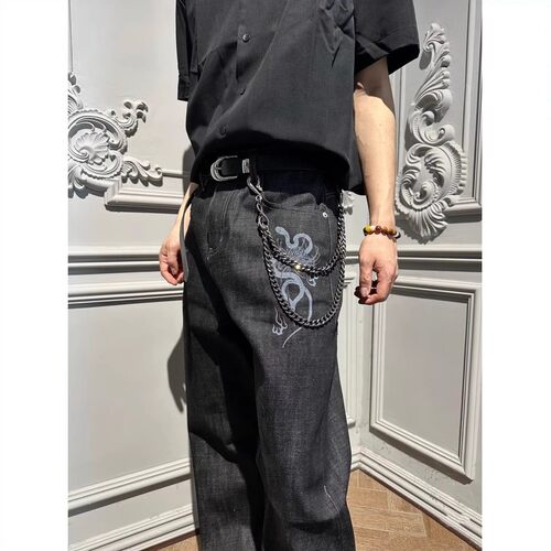 美式复古蛇骨印花小众原牛牛仔裤男女cleanfit宽松休闲直筒长裤子 - 图0