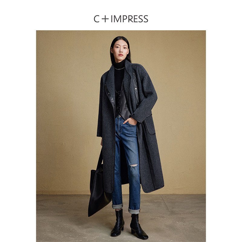 C+IMPRESS/西嘉兔毛羊毛混纺拼皮双面呢大衣女长款灰色冬廓形外套