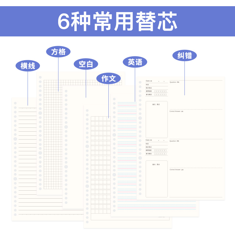 联华文具雾蓝活页替芯A5学生活页本活页纸横线方格B526孔30孔20孔可拆卸活页夹空白错题考研专用A4可替换内芯 - 图2