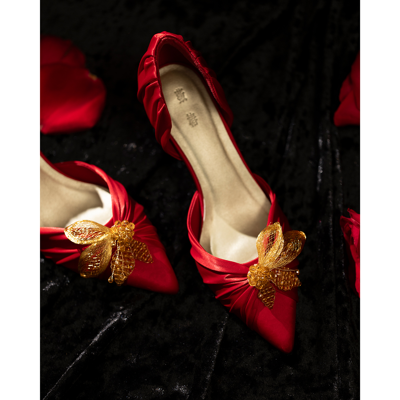 【椿】金枝玉叶 /原创国风金丝水晶花叶尖头细跟高跟鞋秀禾红婚鞋 - 图2