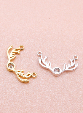 diy双环镶锆石鹿头纯银挂件吊坠