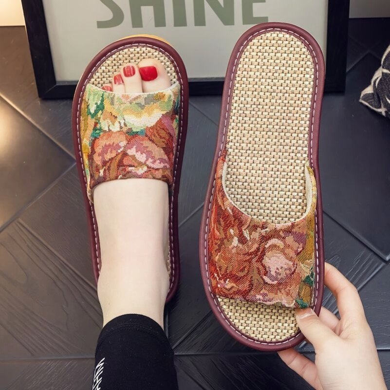 New Chinese style summer linen slippers for men and women at home indoor non-slip comfortable soft bottom breathable household fabric slippers