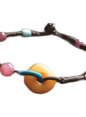 原创设计风老蜜蜡粉碧玺手绳