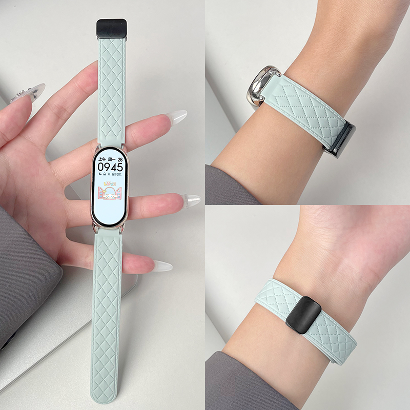 psnld适用小米手环9/8表带新款皮纹硅胶磁吸小米7/6智能运动手环透气腕带3/4/5夏天nfc男女生八七六五替换带