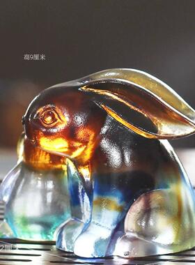 日本进口琉璃双福兔子风水招财摆件刻字居家客厅办公装饰乔迁开业
