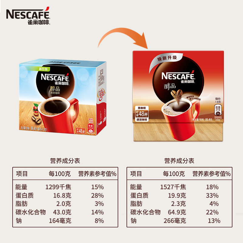 Nescafe/雀巢咖啡醇品速溶纯黑咖啡粉48杯盒装无蔗糖添加低脂运动 - 图2