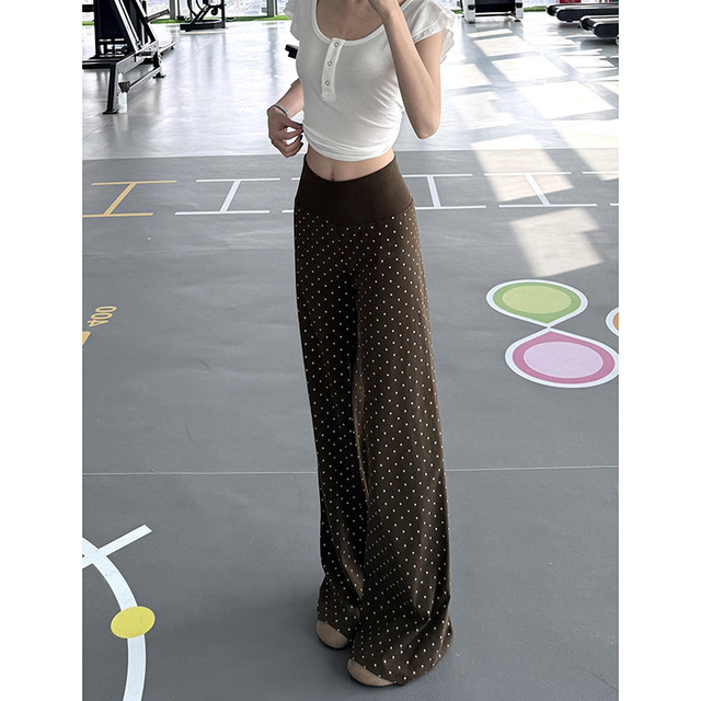 ໂສ້ງຂາສັ້ນແບບສີນ້ຳຕານ polka-dot boot-cut-cut for women in summer 2026 new versatile pants, loose, lazy, high-waisted, Slim Walking pants