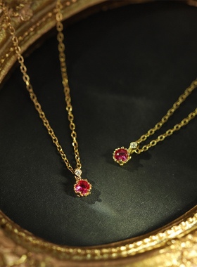 Ordi春日新款火焰红宝石镶钻水滴项链 银镀10K金戒指耳钉