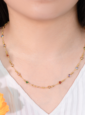 纯银宫廷复古幻彩流金锆石项链女