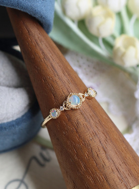 日系轻奢珠宝 天然三颗欧泊 经典镂空宫廷风戒指925银镀14k金