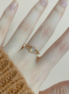 日系轻奢925纯银 天然非洲欧泊戒指 梨形水滴澳宝橄榄树叶戒指