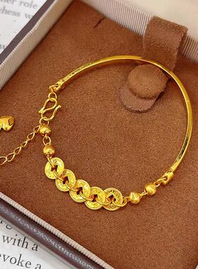 金店同款沙金五帝钱手链女碎冰冰钱币手串钱多多手镯情人节送女友