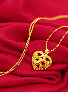 仿黄金越南沙金女项链锁骨久不掉色黄铜镀金24k爱心镂空吊坠