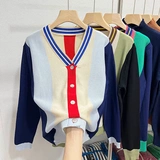 Трикотажный кардиган, модный тонкий лонгслив, в стиле Шанель, V-образный вырез, в западном стиле