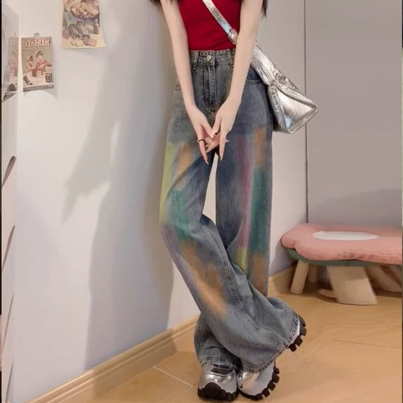 美式复古彩虹涂鸦牛仔裤女2026春秋新款高腰阔腿宽松直筒拖地裤子,淘宝优惠券,粉丝福利购,淘宝优惠卷