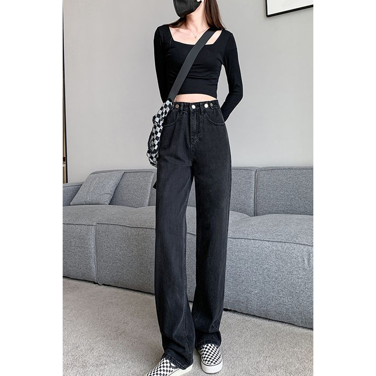 黑灰高腰窄版阔腿牛仔裤女直筒宽松2026春秋新款显瘦小个子拖地裤,淘宝优惠券,粉丝福利购,淘宝优惠卷
