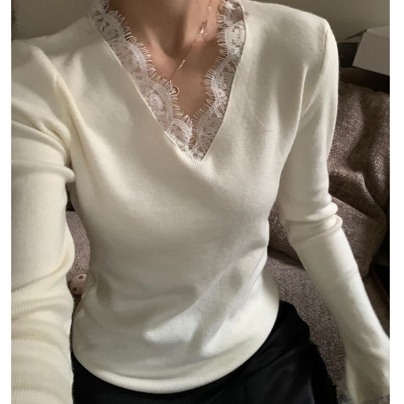 绝美法式气质蕾丝v领打底衫女春秋喇叭袖上衣高级感针织毛衣内搭,淘宝优惠券,粉丝福利购,淘宝优惠卷