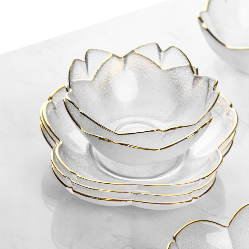 井柚ins北欧创意樱花水果沙拉碗盘金边玻璃锤目纹甜品碗透明汤碗 - 图0