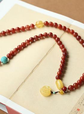 天然三圈火焰红南红手链绿松石回纹珠搭蜜蜡桶珠吊蜜蜡玫瑰花手串