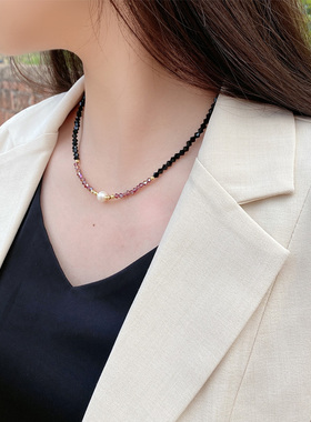 黑色水晶淡水珍珠项链女