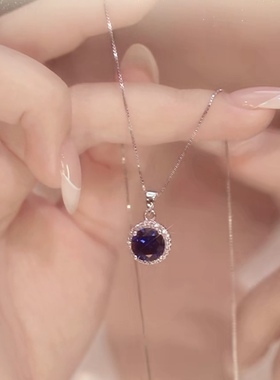 新款蓝宝石吊坠女款S925银镶嵌蓝色宝石锁骨链闺蜜礼物简约首饰品