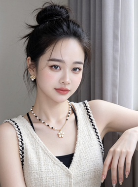 花朵吊坠珍珠项链女款轻奢小众设计感高锁骨链百搭毛衣链配饰挂件