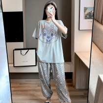 Pure cotton pull rack round collar plus size sleepwear woman 200 catty short sleeve long pants summer cartoon adorable home suit suit