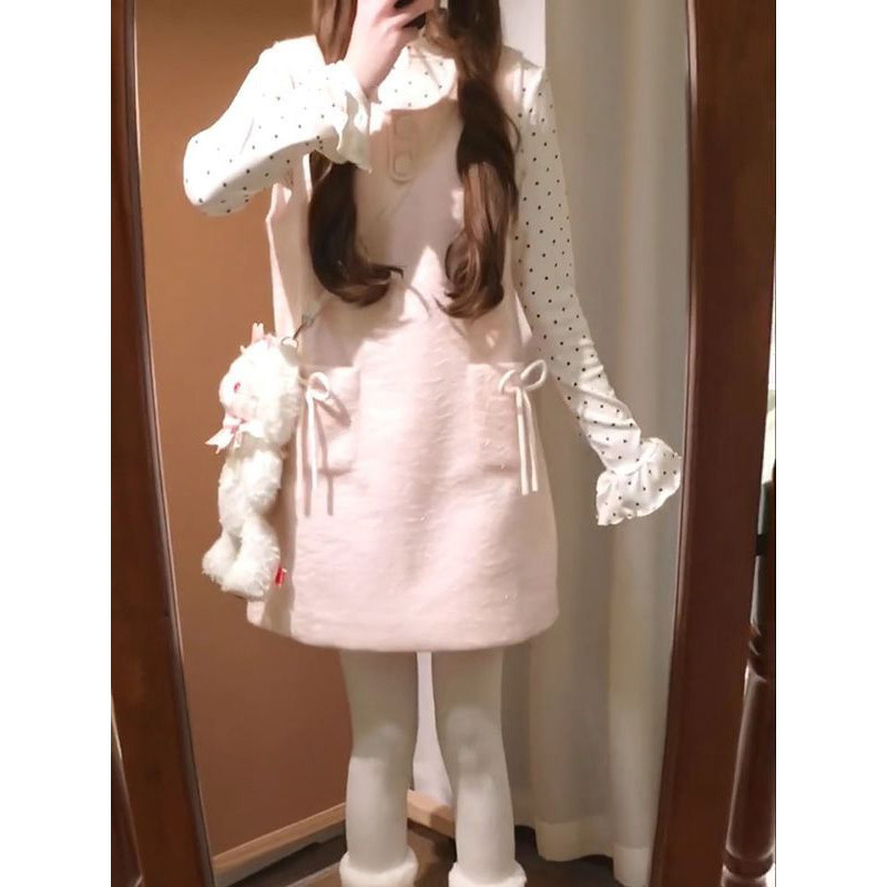 2025软萌少女粉色毛呢背带连衣裙叠穿设计高领波点长袖打底衫上衣,淘宝优惠券,粉丝福利购,淘宝优惠卷
