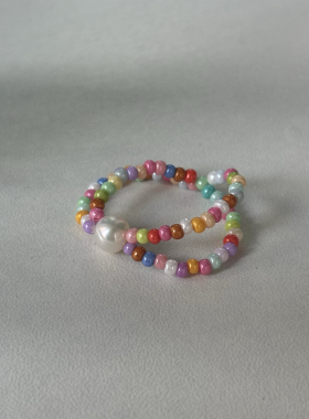 延迟夏日彩色串珠小米珠珍珠戒指甜美文艺气质百搭手串新款手饰