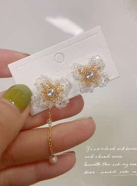 「爱秘·花时」新色原创设计不对称施华洛水晶珍珠镀金耳钉耳夹