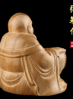 桃木精雕弥勒佛木雕整块原木纳福