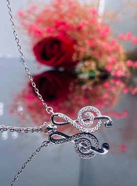 AU750纯18K白金新款美国进口D色莫桑石微镶满钻音符百搭轻奢项链