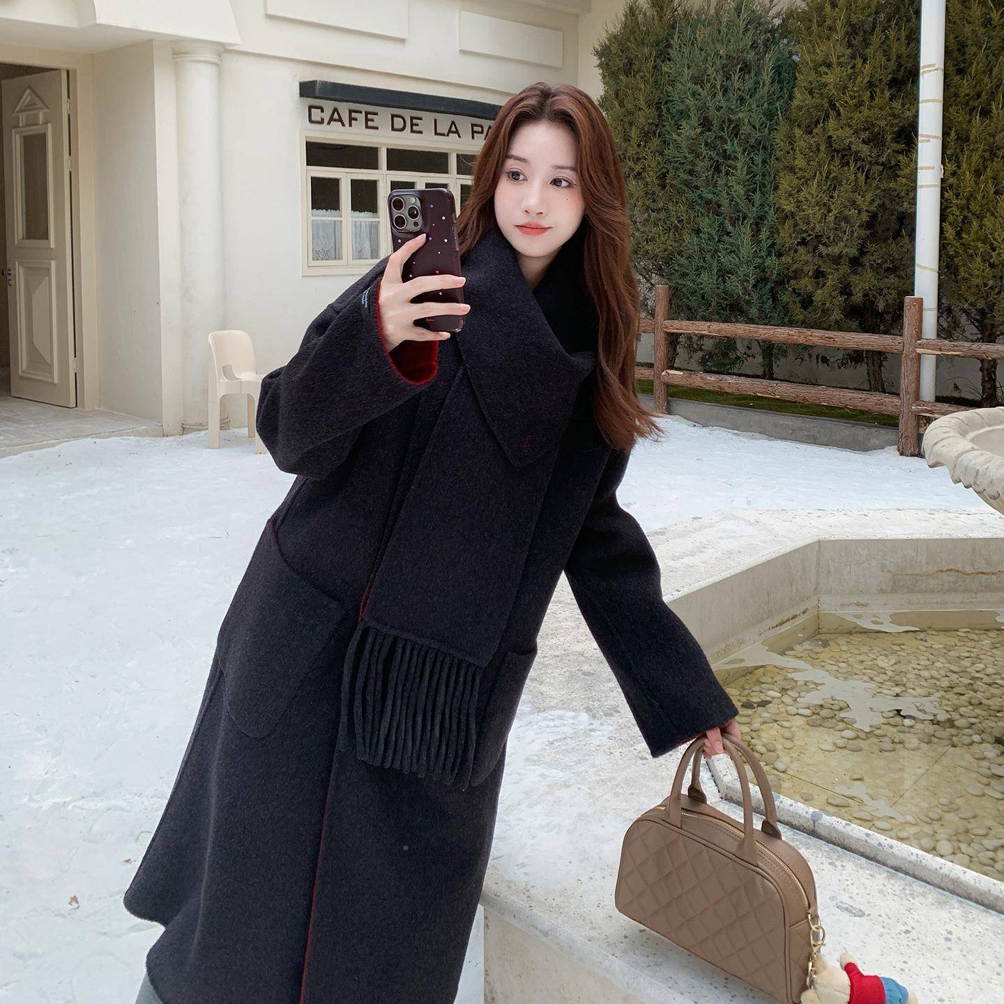 红色流苏围巾款双大面呢羊毛衣2025年女秋冬季款两面2B220-88穿新 - 图0