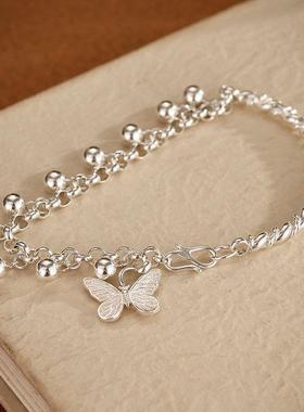 999足银手镯手链女学生款小圆球蝴蝶原创手工纯银脚链子饰品礼物