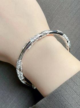 正品新款繁花似锦纯银手镯女实心s999足银镯子年轻款银饰刻字礼