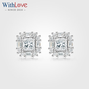 WithLove 白18K金公主方钻石耳钉豪华群镶显大耳饰真钻正品送女友