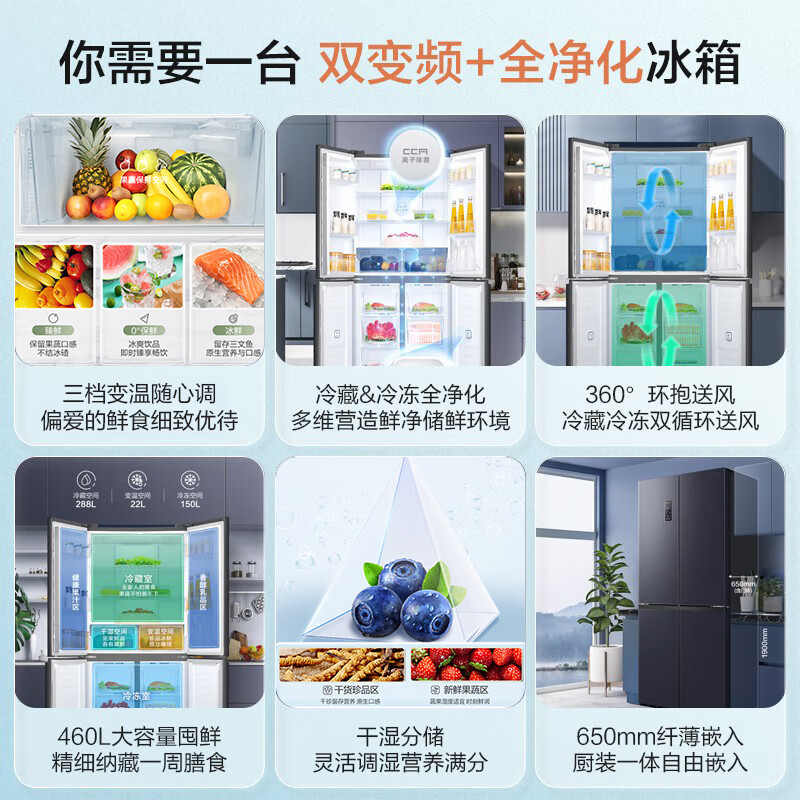 容声460L十字对开四门超薄嵌入式一级能效无霜家用电窄款散热冰箱