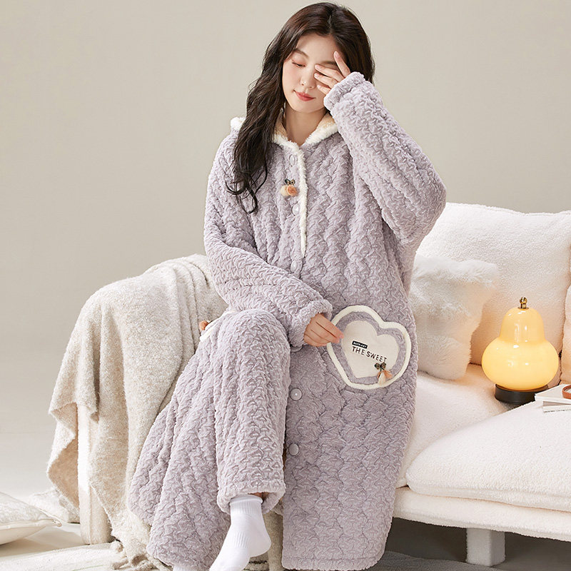 珊瑚绒三层夹棉睡衣女秋冬季加绒加厚保暖连帽睡袍可爱家居服冬天,淘宝优惠券,粉丝福利购,淘宝优惠卷