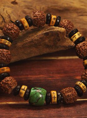 纯天然藏式小金刚龙鳞纹盘龙纹配原矿绿松石手串手链佛珠文玩男女