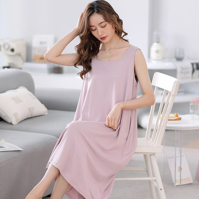 莫代尔睡裙夏季带胸垫无袖连衣裙 芬颜睡裙