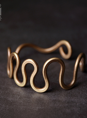 曲尾花原创手工黄铜手镯男个性简约情侣朋克复古开口手环首饰潮女
