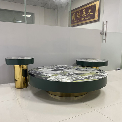 天然翡翠绿大理石茶几大小组合客厅茶几桌轻奢不锈钢可定制圆茶台 - 图1