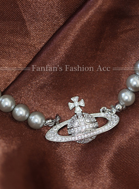 镀金锆石仿珍珠灰色项链