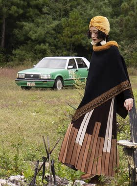猫之旅店 秋冬季民族风内蒙古旅行斗篷针织毛绒领草原套头罩衫