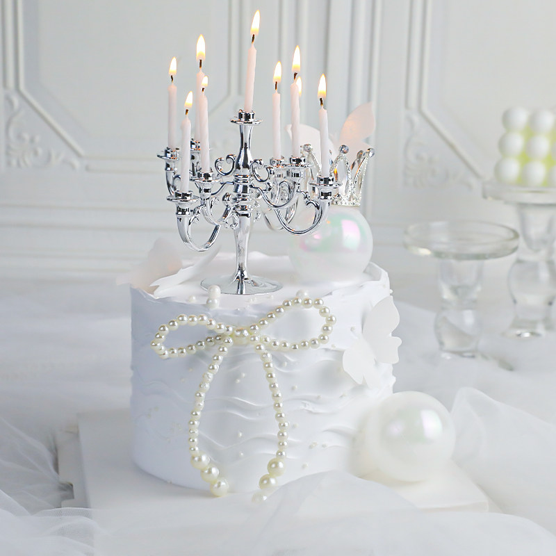 214情人节蛋糕装饰女神生日复古烛台蜡烛摆件珍珠蝴蝶结皇冠插件