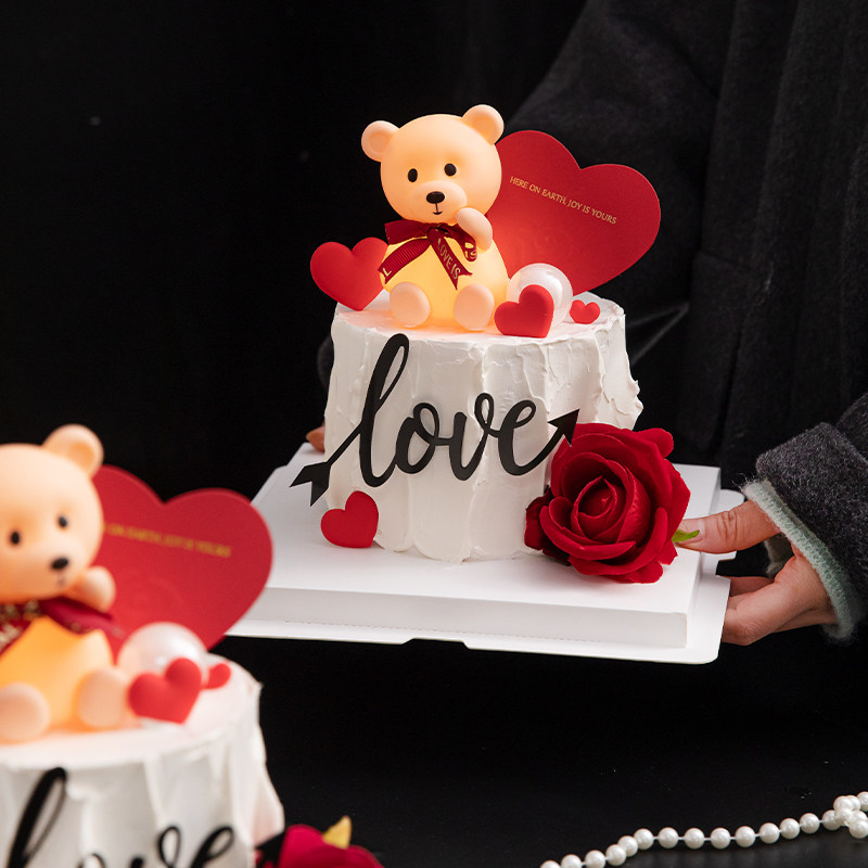 214情人节蛋糕装饰发光小熊摆件love亚克力情人节快乐爱心插件