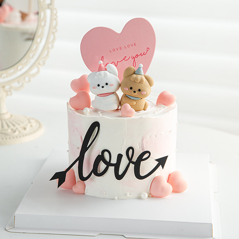 2025情人节蛋糕装饰可爱修狗摆件love亚克力爱心卡片烘焙装扮插件
