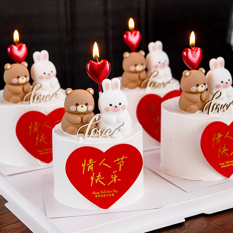 2.14情人节蛋糕装饰爱心卡片小熊小兔子木质love爱心卡片插牌插件