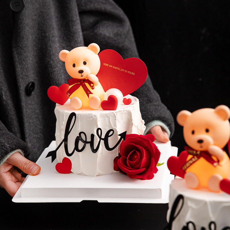 214情人节蛋糕装饰发光小熊摆件love亚克力情人节快乐爱心插件